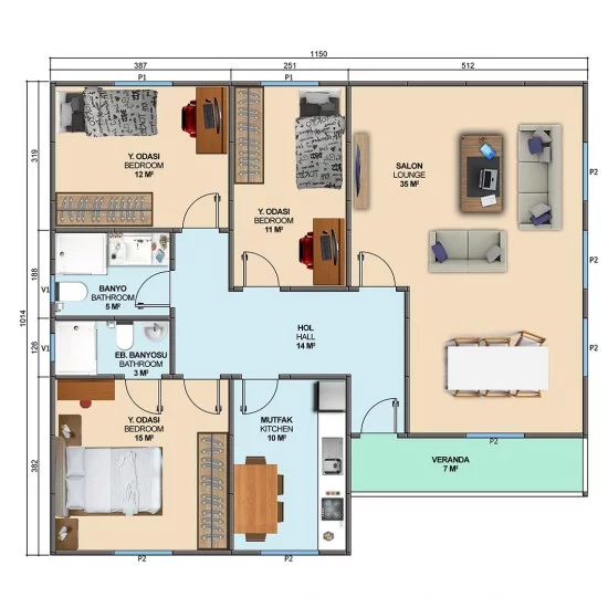 Begonvil Tek Katlı Prefabrik Ev 112m² Begonvil Tek Katlı Prefabrik Ev 112m²