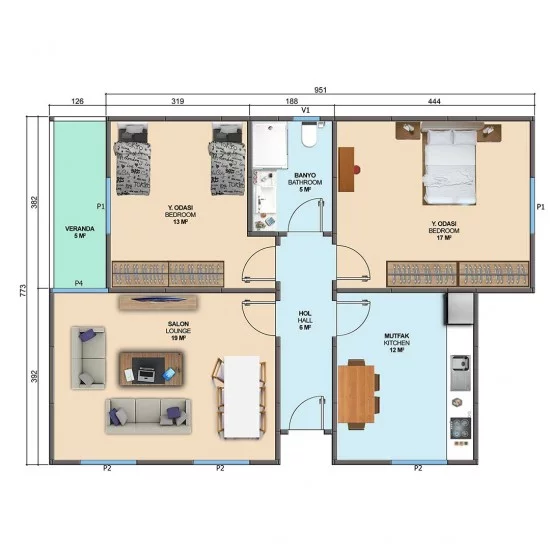 Manolya Tek Katlı Prefabrik Ev 77m² Manolya Tek Katlı Prefabrik Ev 77m²